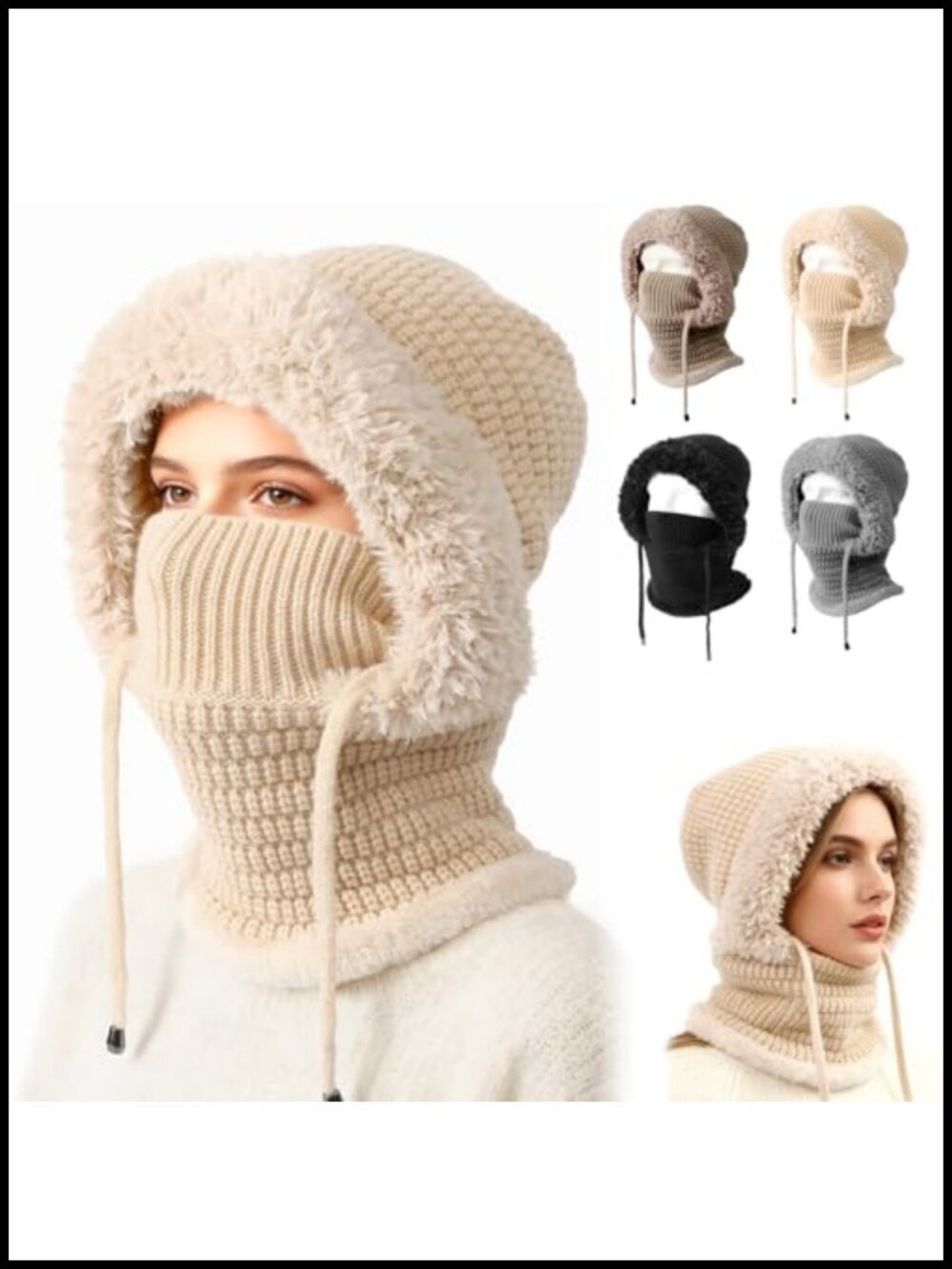 3 in 1 Womens Knit Beanie Hat with Scarf and Mask Fleece Lined Winter Set